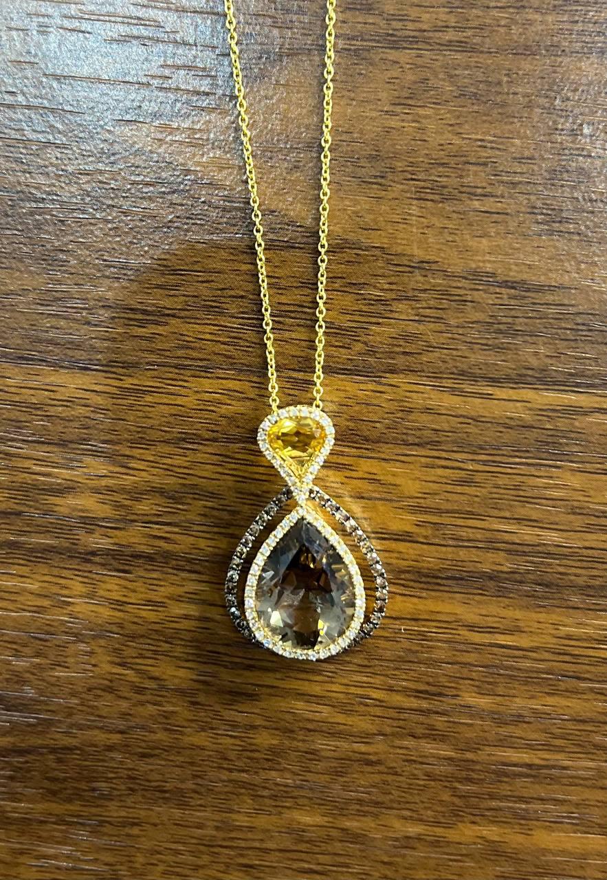 Orange Amber Citrine Brown Smoky Quartz 14KYellow Gold Diamonds Pendant Necklace