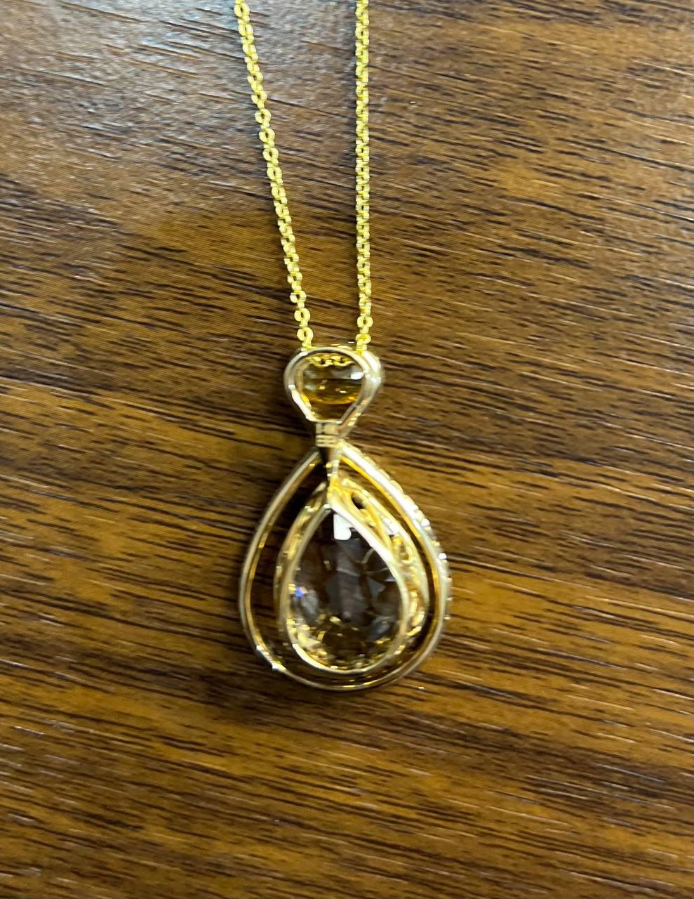 Orange Amber Citrine Brown Smoky Quartz 14KYellow Gold Diamonds Pendant Necklace
