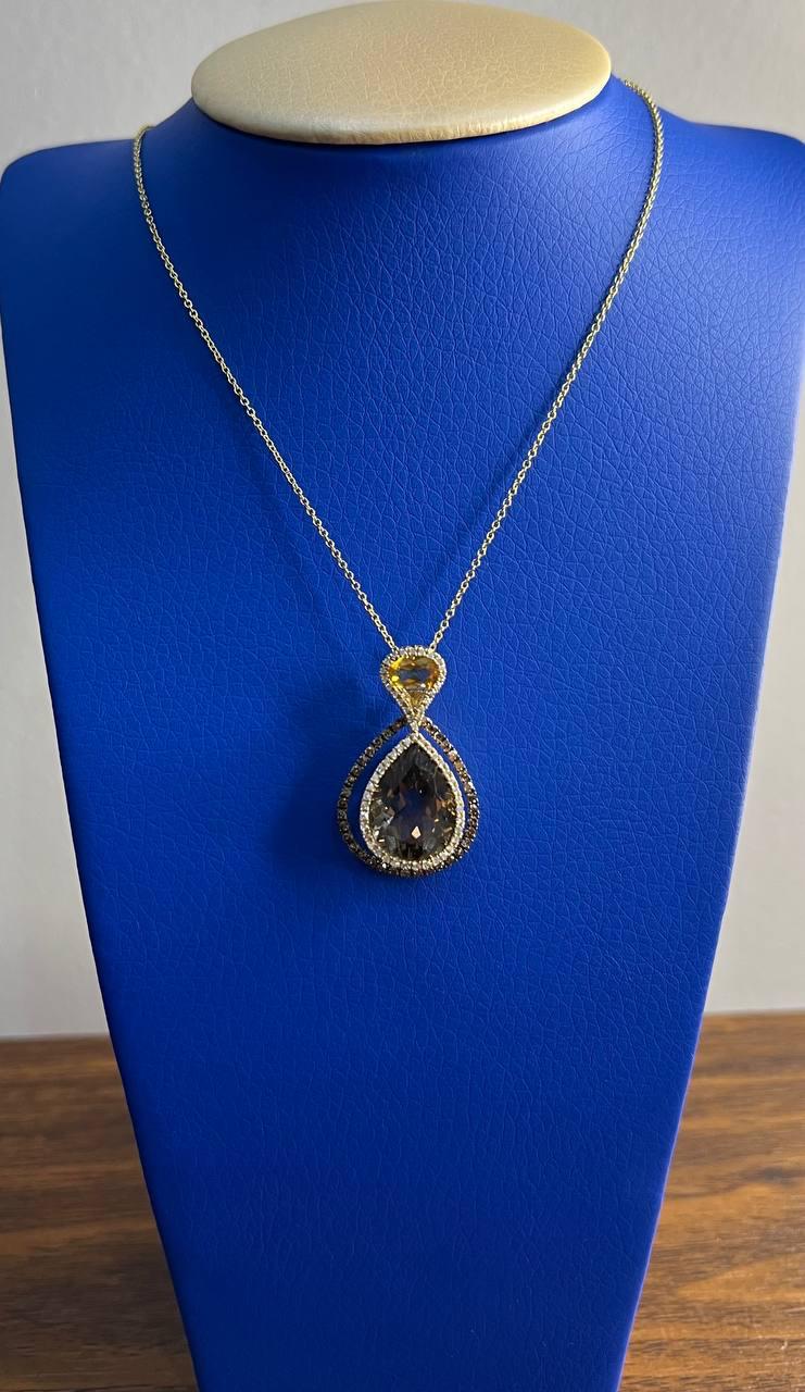 Orange Amber Citrine Brown Smoky Quartz 14KYellow Gold Diamonds Pendant Necklace