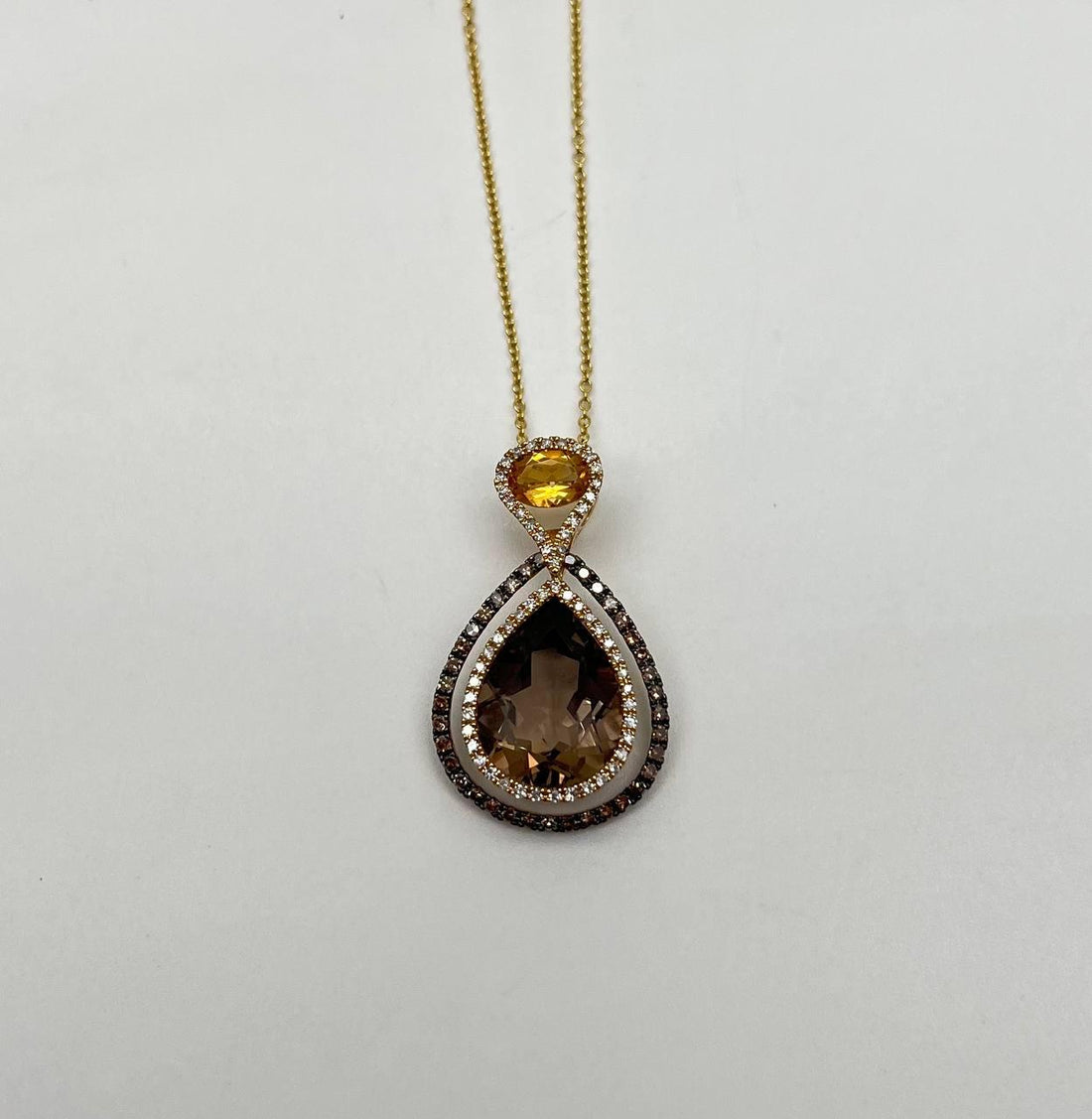 Orange Amber Citrine Brown Smoky Quartz 14KYellow Gold Diamonds Pendant Necklace
