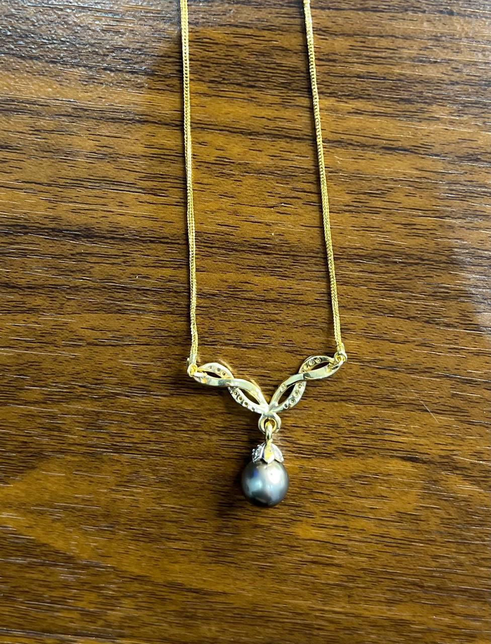 Grey Silver Black Tahitian Pearl 14K Yellow Gold Diamond Ribbon Pendant Necklace