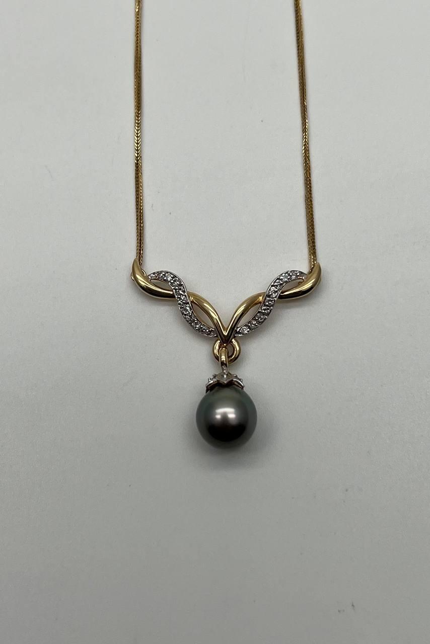 Grey Silver Black Tahitian Pearl 14K Yellow Gold Diamond Ribbon Pendant Necklace