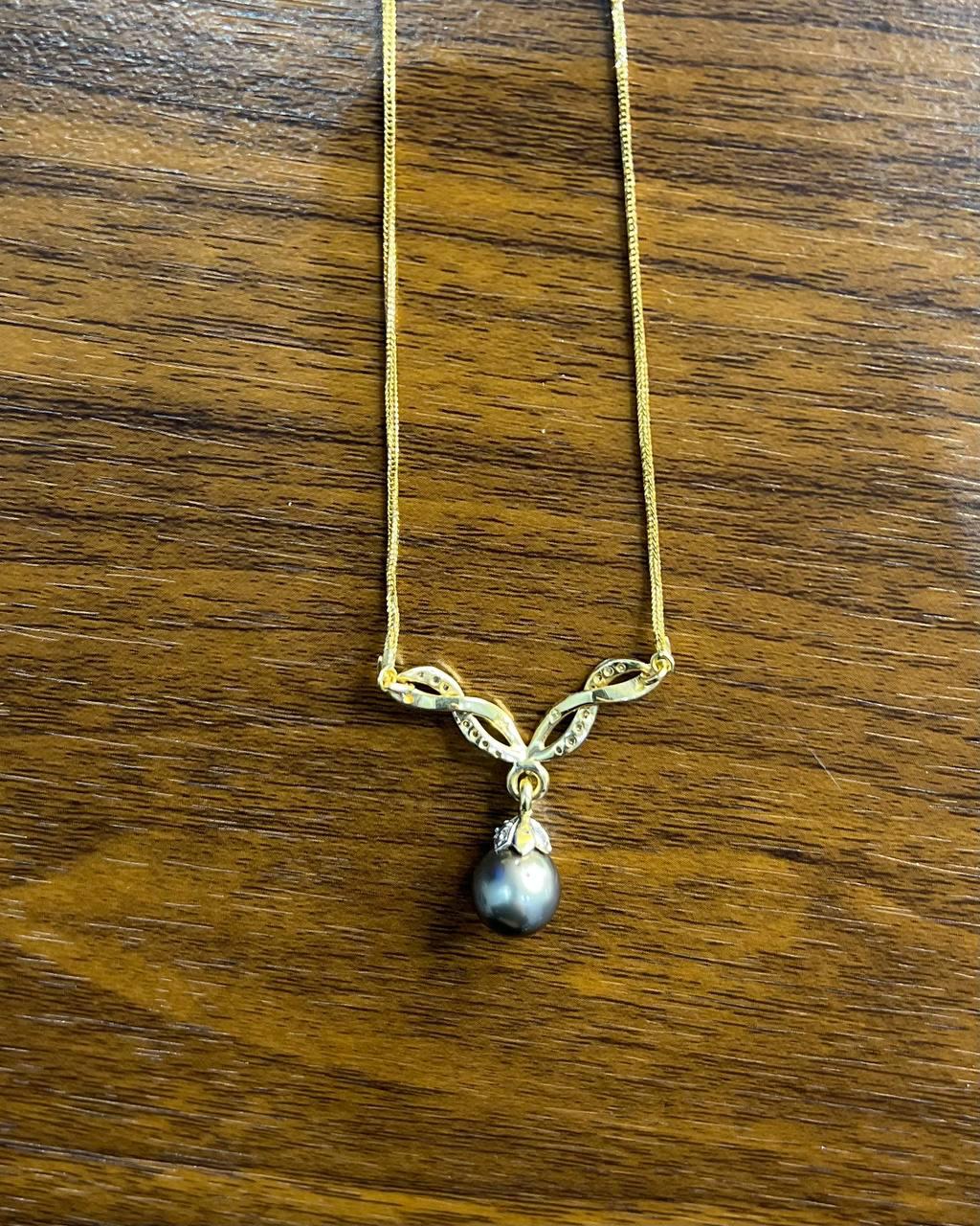 Grey Silver Black Tahitian Pearl 14K Yellow Gold Diamond Ribbon Pendant Necklace