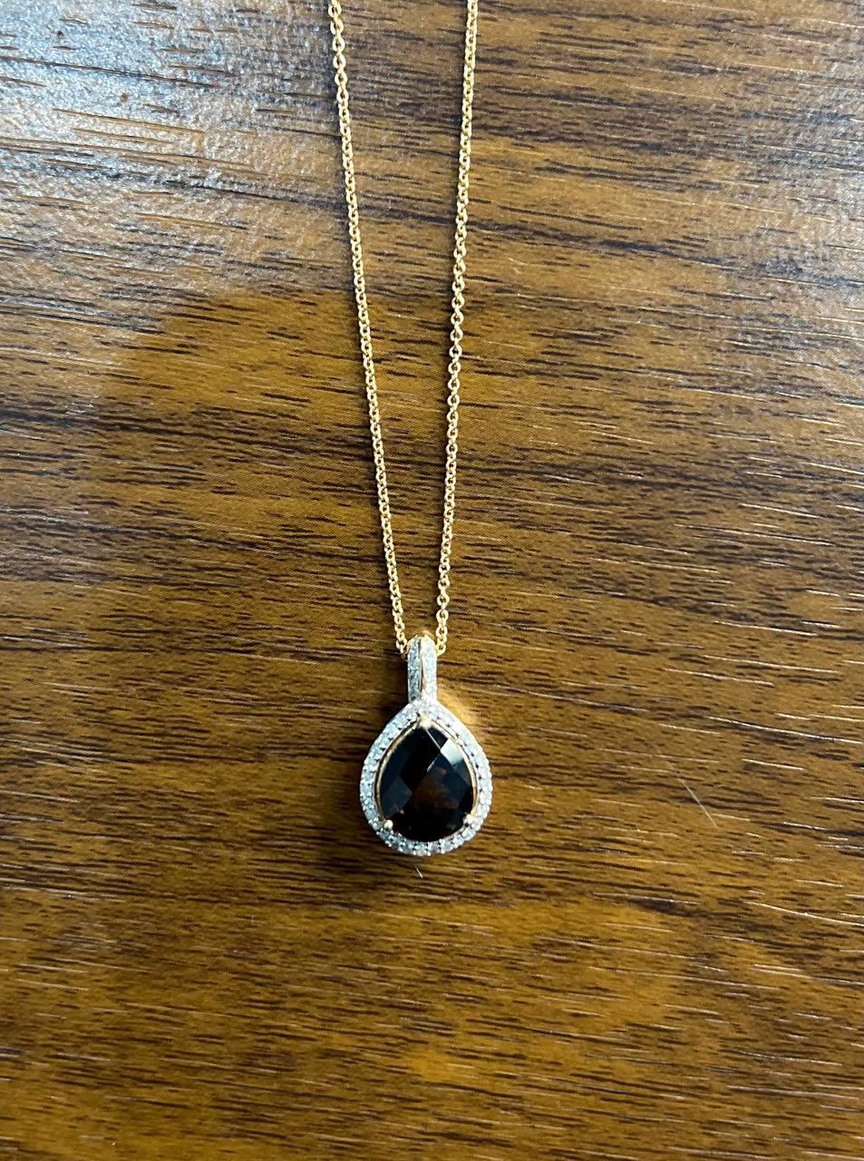 Pear Teardrop Shape Brown Smoky Quartz Diamond Halo 14K Gold Pendant Necklace