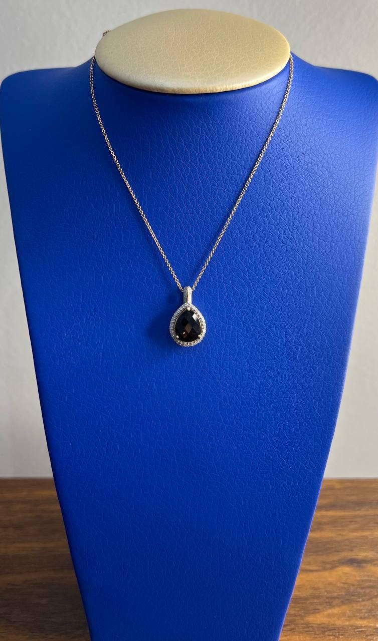Pear Teardrop Shape Brown Smoky Quartz Diamond Halo 14K Gold Pendant Necklace