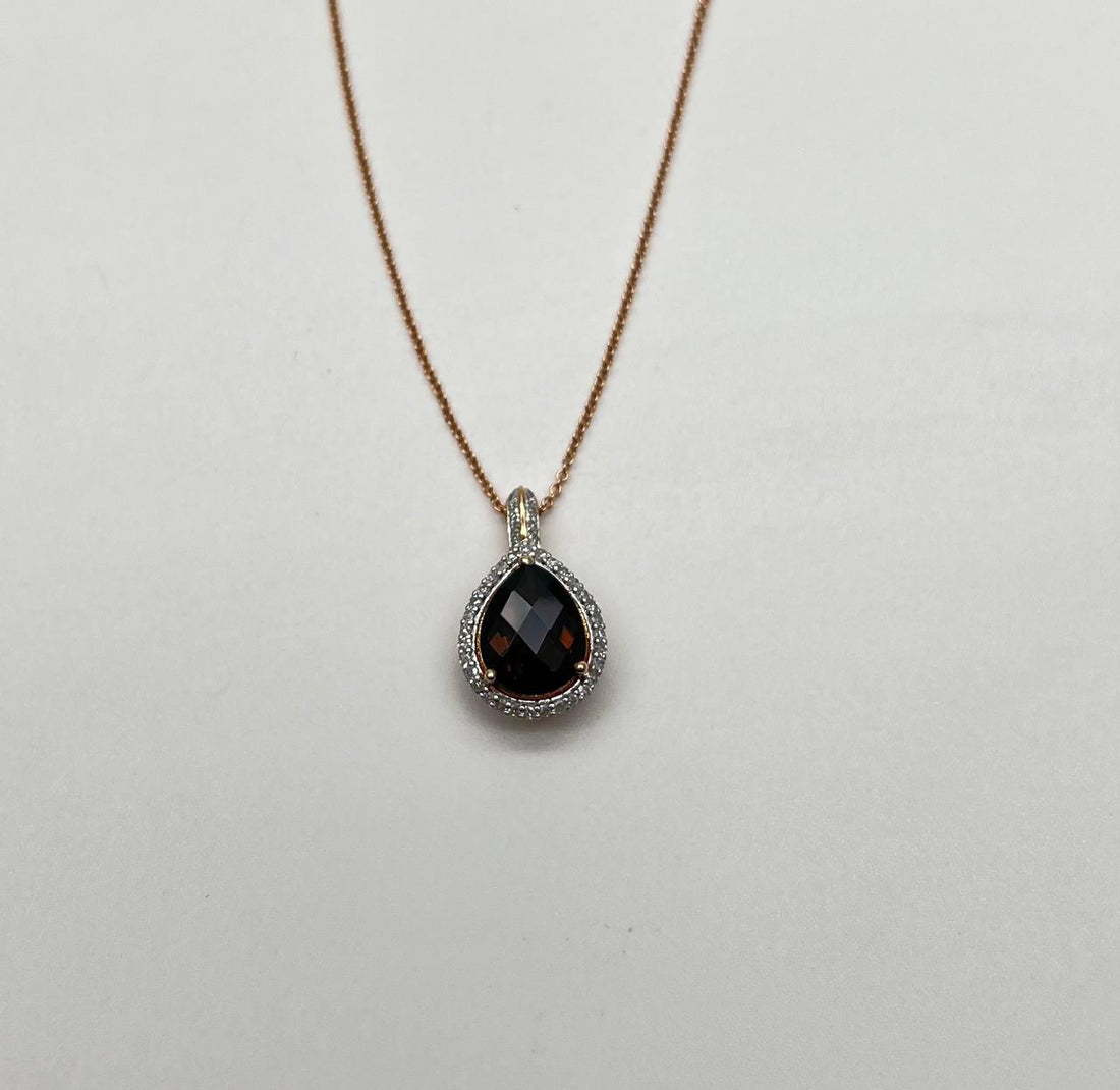 Pear Teardrop Shape Brown Smoky Quartz Diamond Halo 14K Gold Pendant Necklace