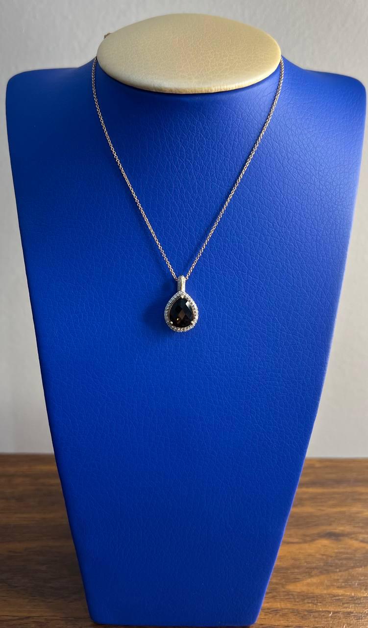 Pear Teardrop Shape Brown Smoky Quartz Diamond Halo 14K Gold Pendant Necklace