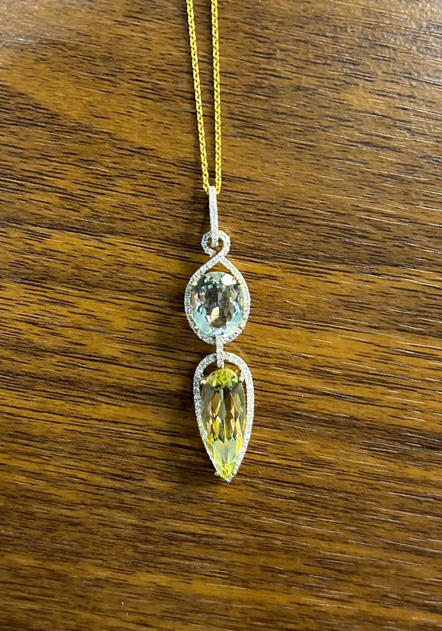 Yellow Lemon Quartz Green Amethyst Prasiolite 14K Gold Diamond Pendant Necklace