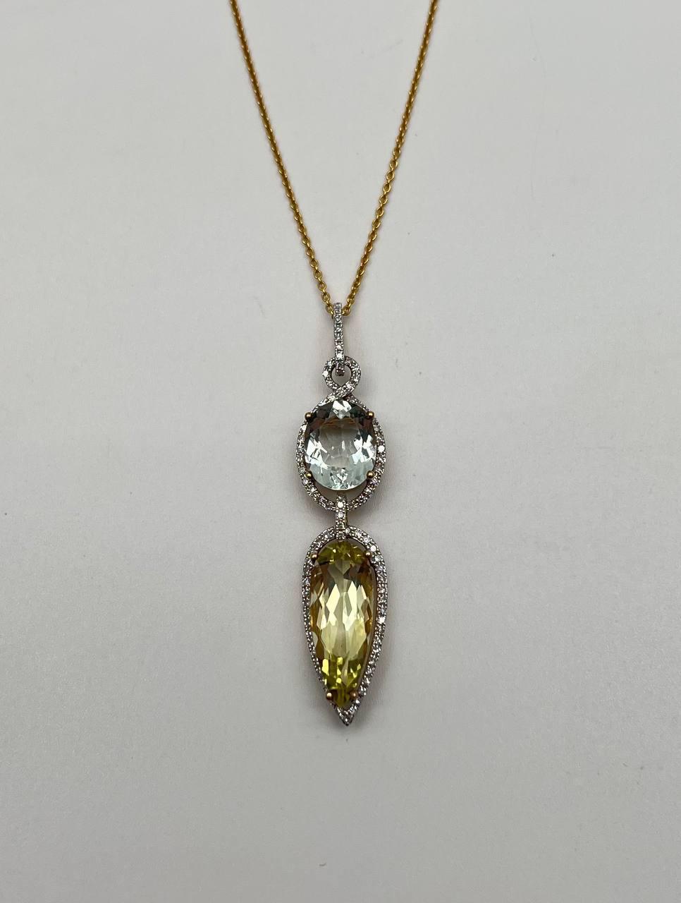 Yellow Lemon Quartz Green Amethyst Prasiolite 14K Gold Diamond Pendant Necklace