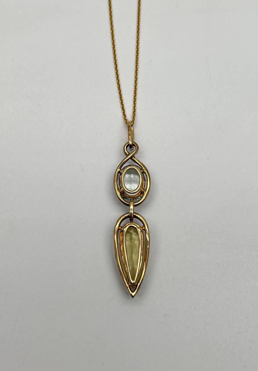 Yellow Lemon Quartz Green Amethyst Prasiolite 14K Gold Diamond Pendant Necklace