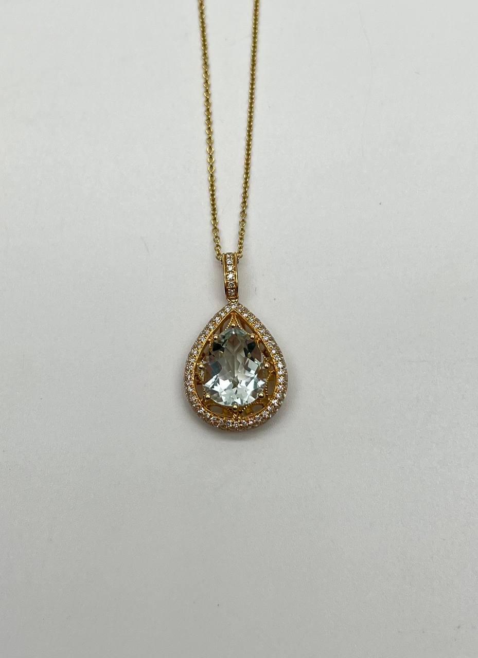 Pear Teardrop Shape Green Amethyst Prasiolite Gold Diamond Halo Pendant Necklace