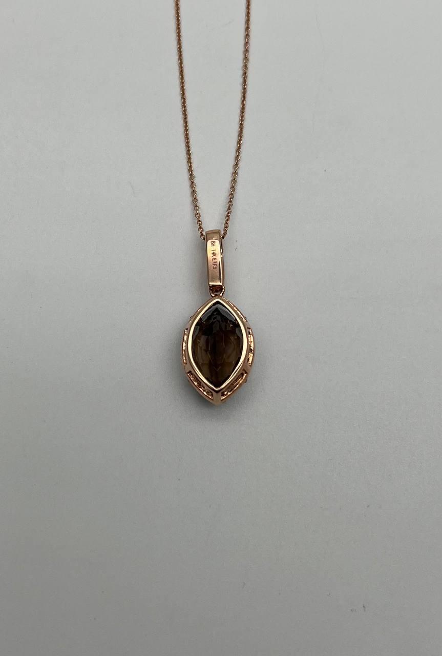 Marquise Shape Brown Smoky Quartz 14K Rose Gold Diamond Pave Pendant Necklace