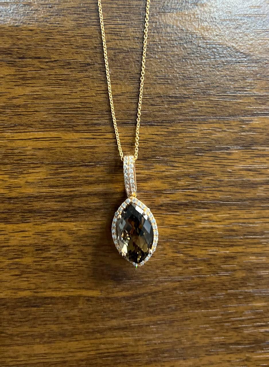 Marquise Shape Brown Smoky Quartz 14K Rose Gold Diamond Pave Pendant Necklace