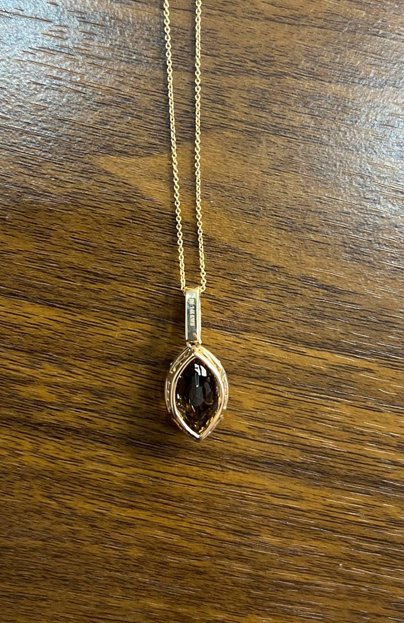 Marquise Shape Brown Smoky Quartz 14K Rose Gold Diamond Pave Pendant Necklace
