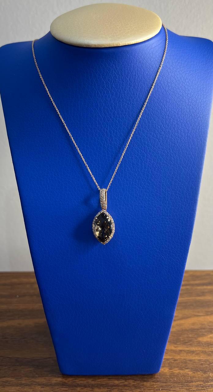 Marquise Shape Brown Smoky Quartz 14K Rose Gold Diamond Pave Pendant Necklace