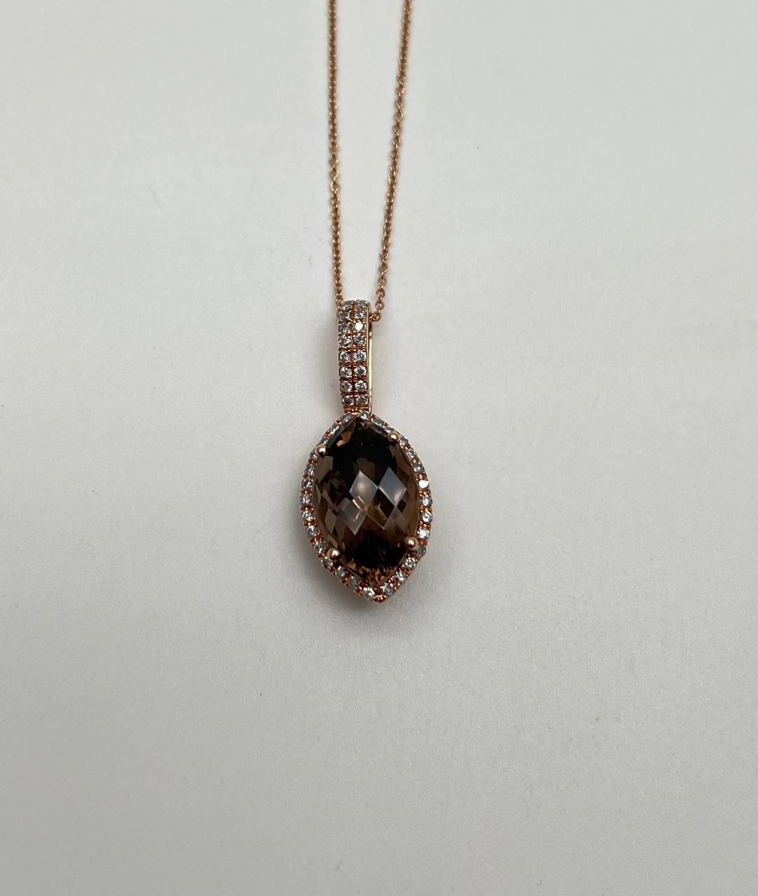 Marquise Shape Brown Smoky Quartz 14K Rose Gold Diamond Pave Pendant Necklace