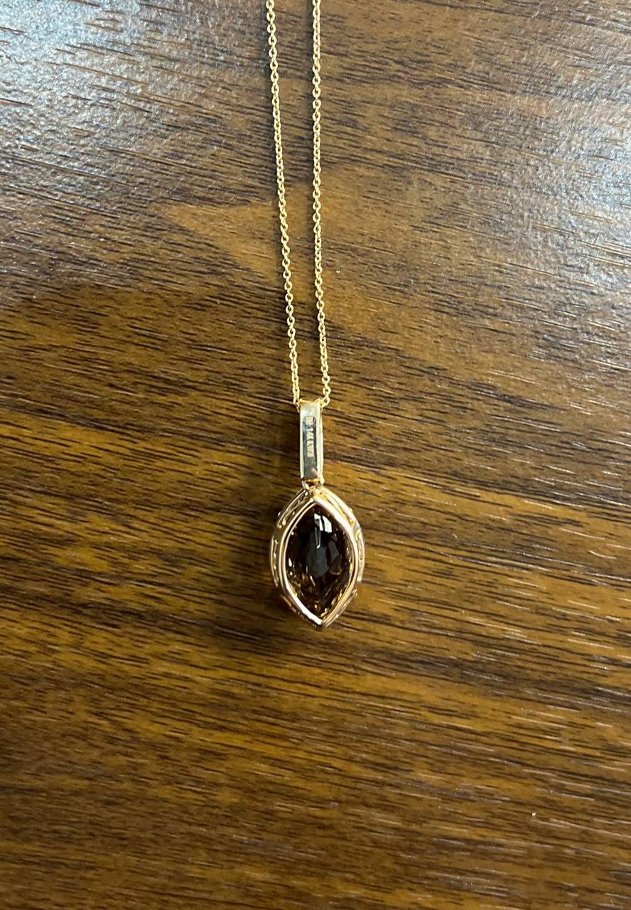Marquise Shape Brown Smoky Quartz 14K Rose Gold Diamond Pave Pendant Necklace