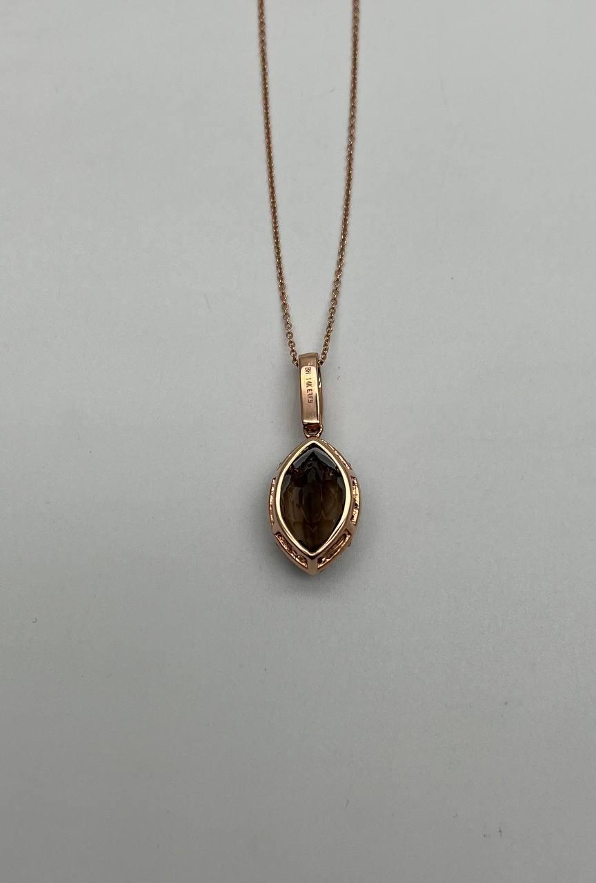 Marquise Shape Brown Smoky Quartz 14K Rose Gold Diamond Pave Pendant Necklace
