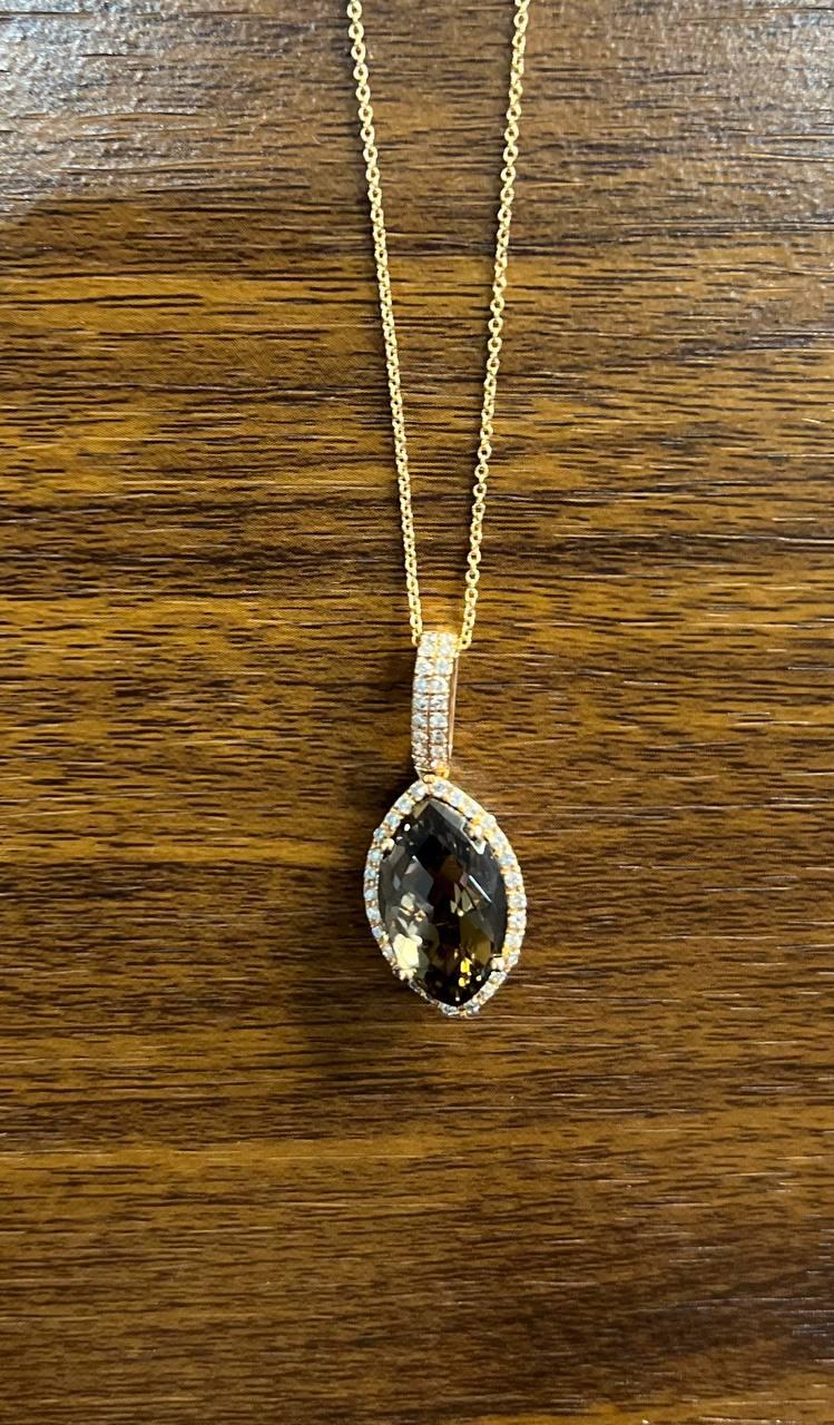 Marquise Shape Brown Smoky Quartz 14K Rose Gold Diamond Pave Pendant Necklace