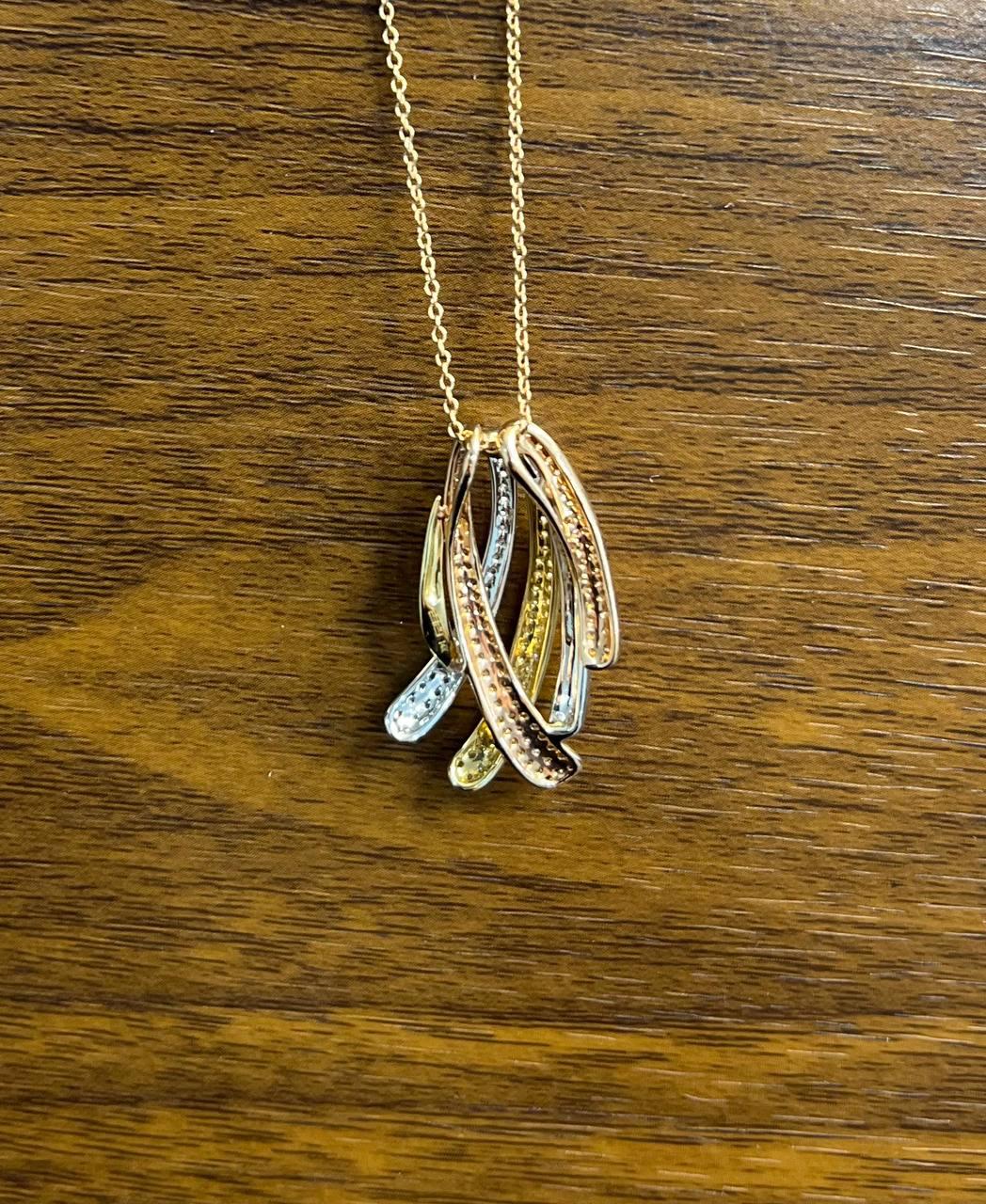 Tri Triple Tone Diamond Pave Waves 14K White Yellow Rose Gold Pendant Necklace