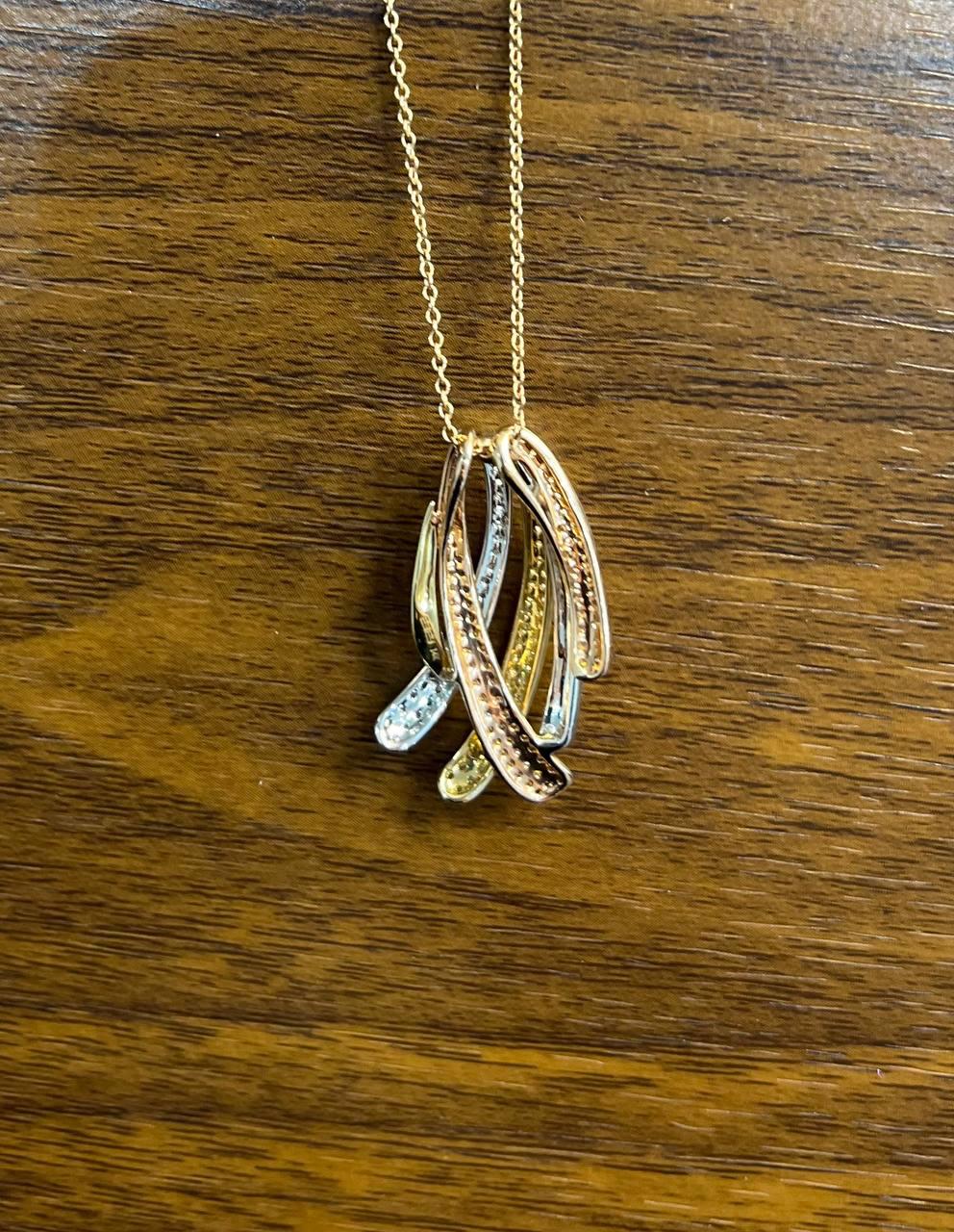 Tri Triple Tone Diamond Pave Waves 14K White Yellow Rose Gold Pendant Necklace