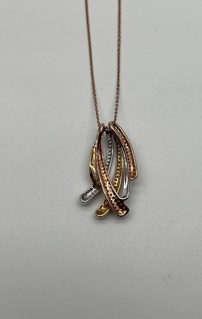 Tri Triple Tone Diamond Pave Waves 14K White Yellow Rose Gold Pendant Necklace