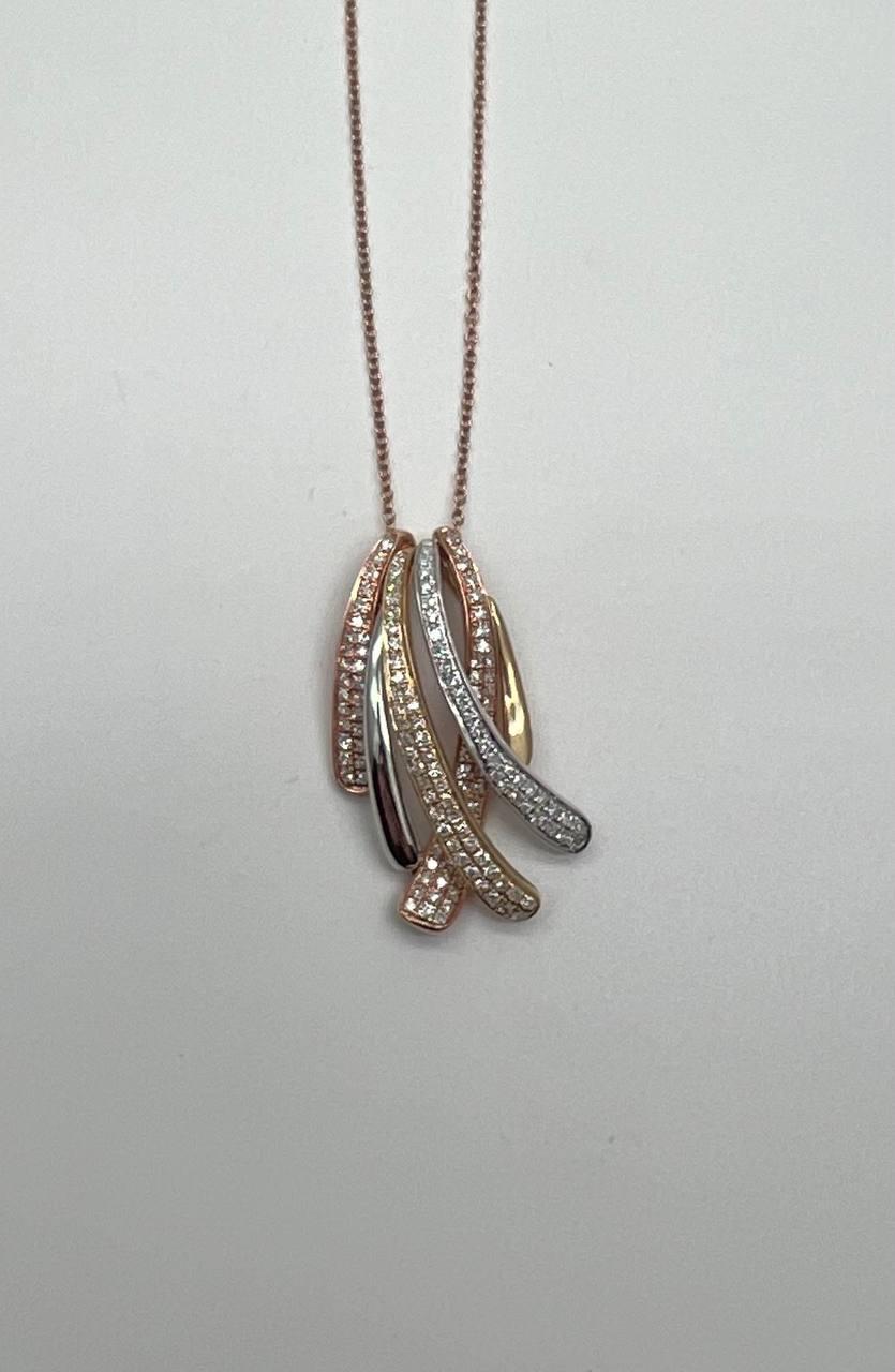 Tri Triple Tone Diamond Pave Waves 14K White Yellow Rose Gold Pendant Necklace