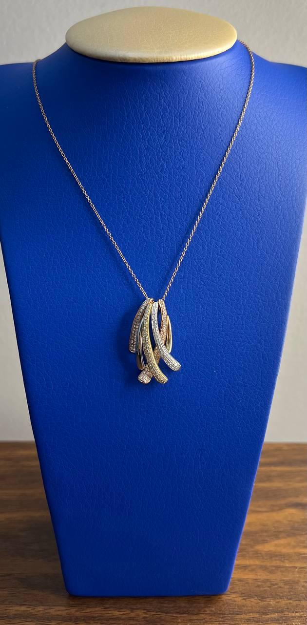 Tri Triple Tone Diamond Pave Waves 14K White Yellow Rose Gold Pendant Necklace