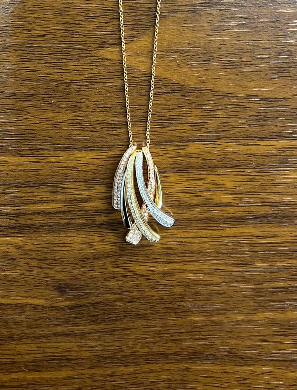 Tri Triple Tone Diamond Pave Waves 14K White Yellow Rose Gold Pendant Necklace