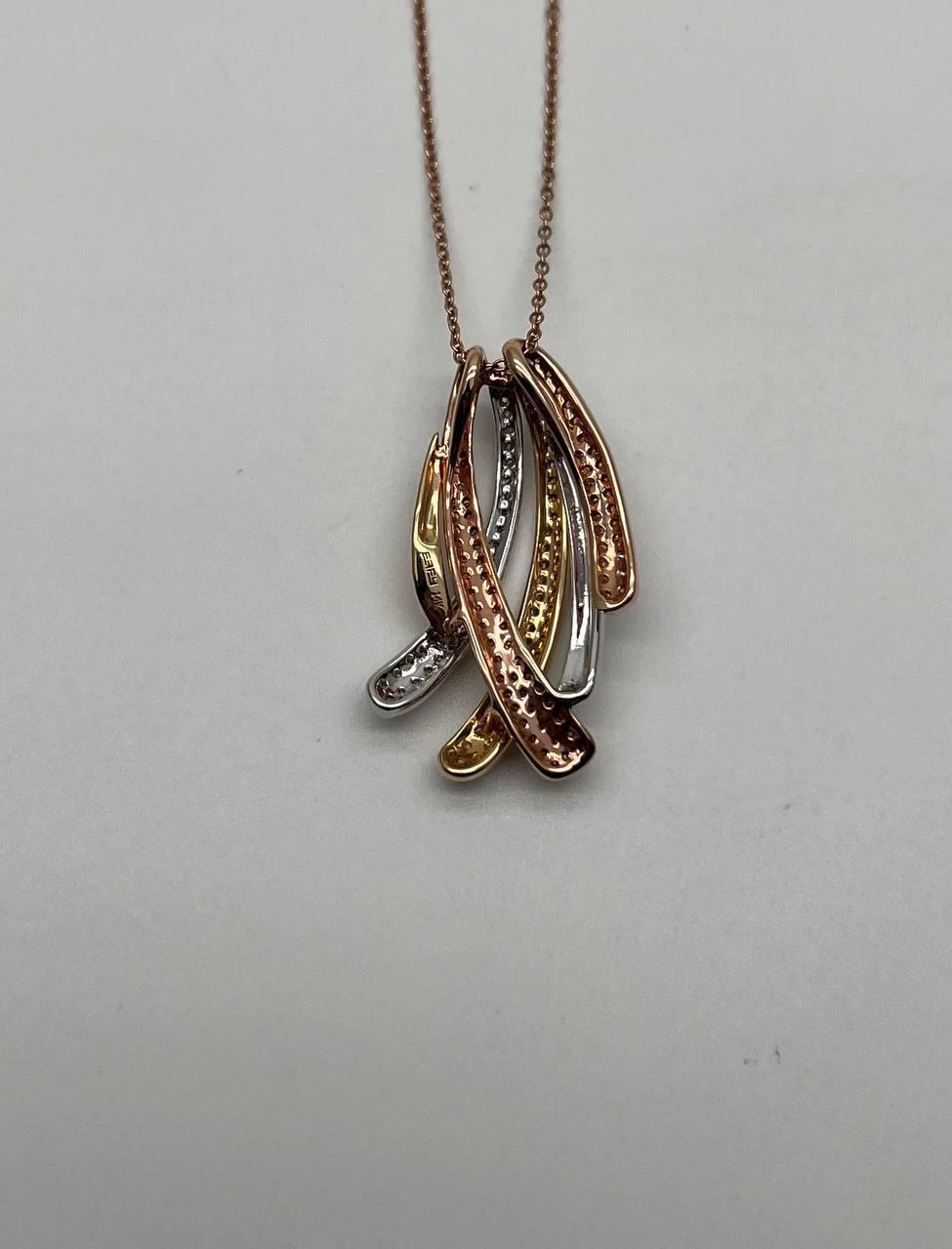 Tri Triple Tone Diamond Pave Waves 14K White Yellow Rose Gold Pendant Necklace