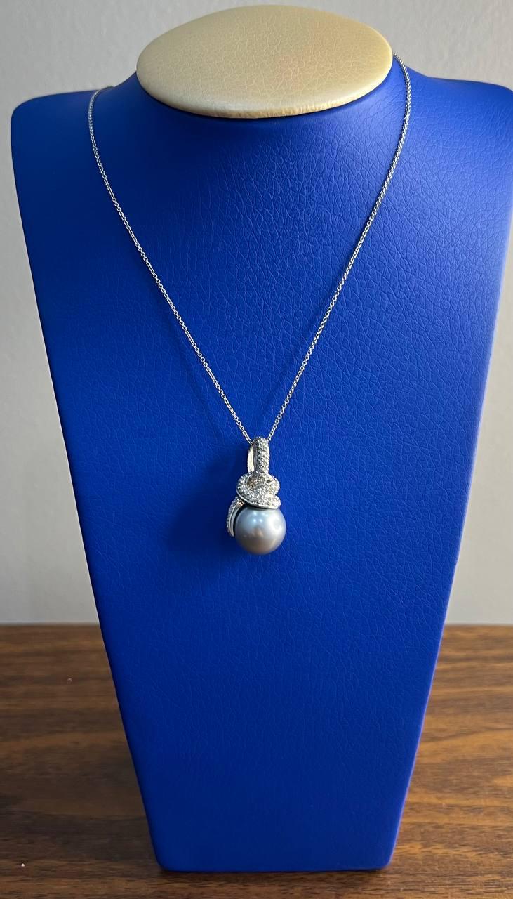 Silver Grey Black Tahitian Pearl Diamonds Halo 14K White Gold Pendant Necklace