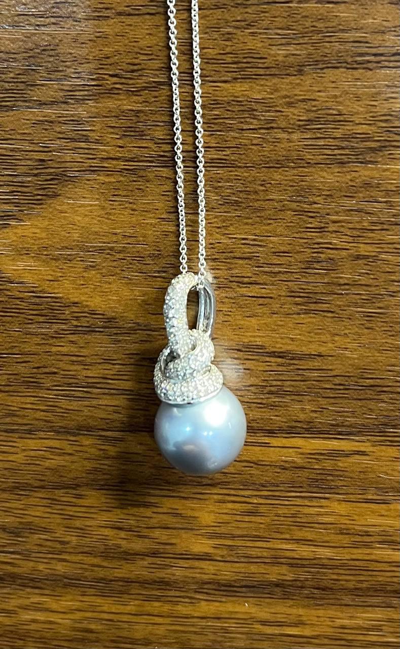 Silver Grey Black Tahitian Pearl Diamonds Halo 14K White Gold Pendant Necklace