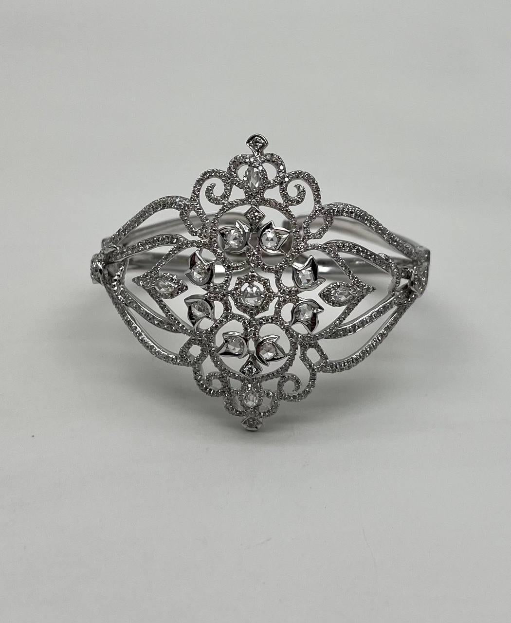 Diamonds Scroll Symbol Motifs Emblem 18K White Gold Statement Bangle Bracelet