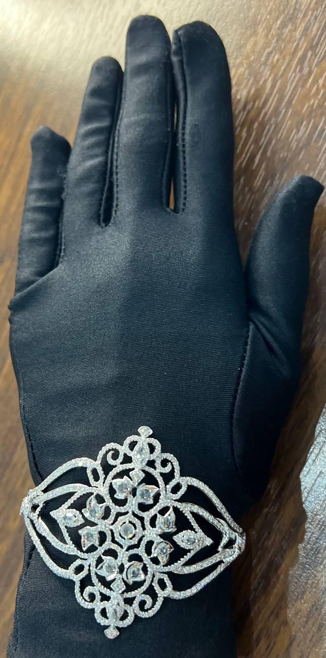 Diamonds Scroll Symbol Motifs Emblem 18K White Gold Statement Bangle Bracelet