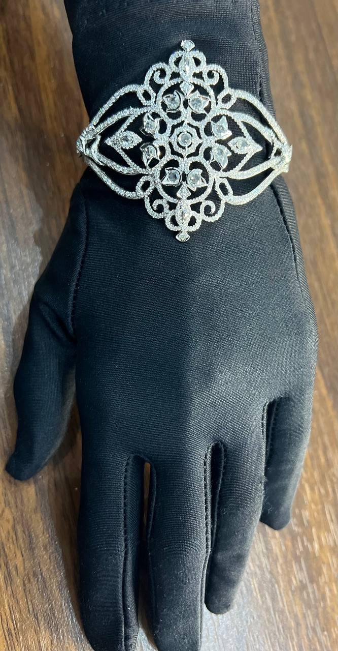 Diamonds Scroll Symbol Motifs Emblem 18K White Gold Statement Bangle Bracelet