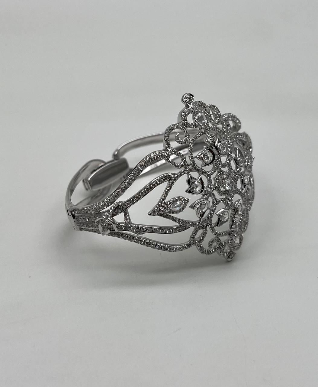 Diamonds Scroll Symbol Motifs Emblem 18K White Gold Statement Bangle Bracelet