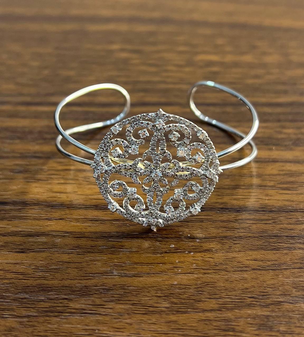 Diamonds Scroll Symbol Motifs Emblem 18K White Gold Statement Bangle Bracelet