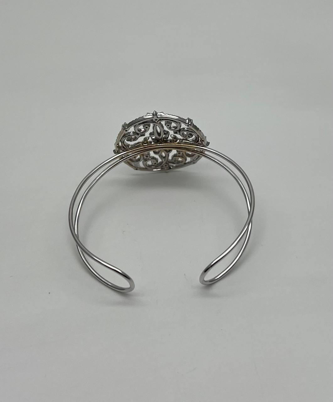 Diamonds Scroll Symbol Motifs Emblem 18K White Gold Statement Bangle Bracelet