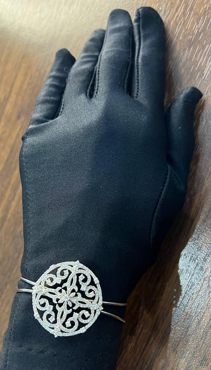 Diamonds Scroll Symbol Motifs Emblem 18K White Gold Statement Bangle Bracelet