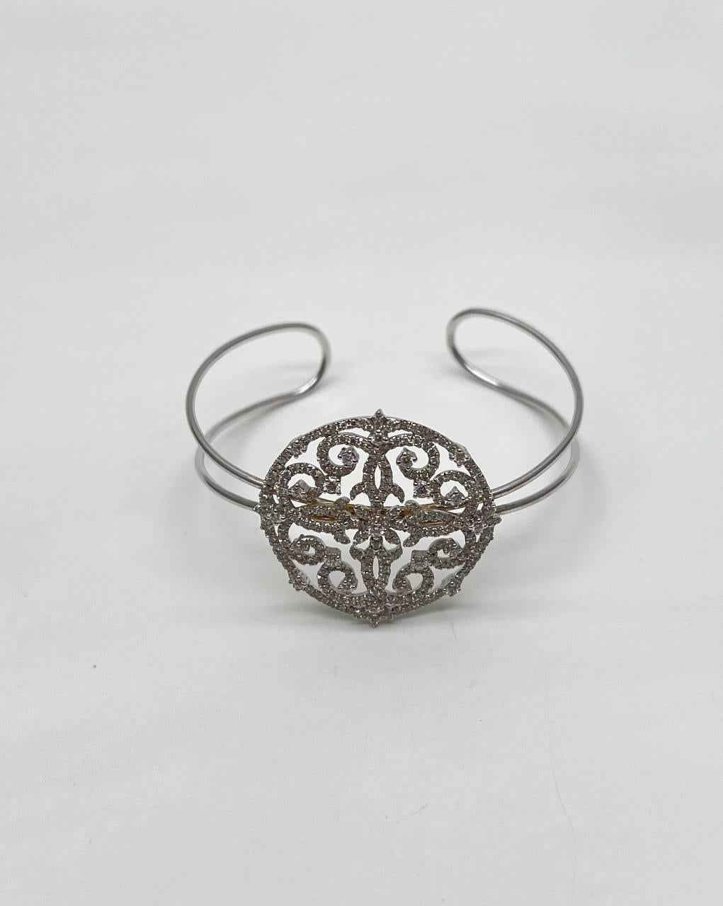 Diamonds Scroll Symbol Motifs Emblem 18K White Gold Statement Bangle Bracelet