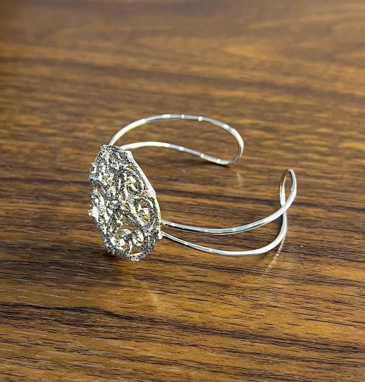 Diamonds Scroll Symbol Motifs Emblem 18K White Gold Statement Bangle Bracelet