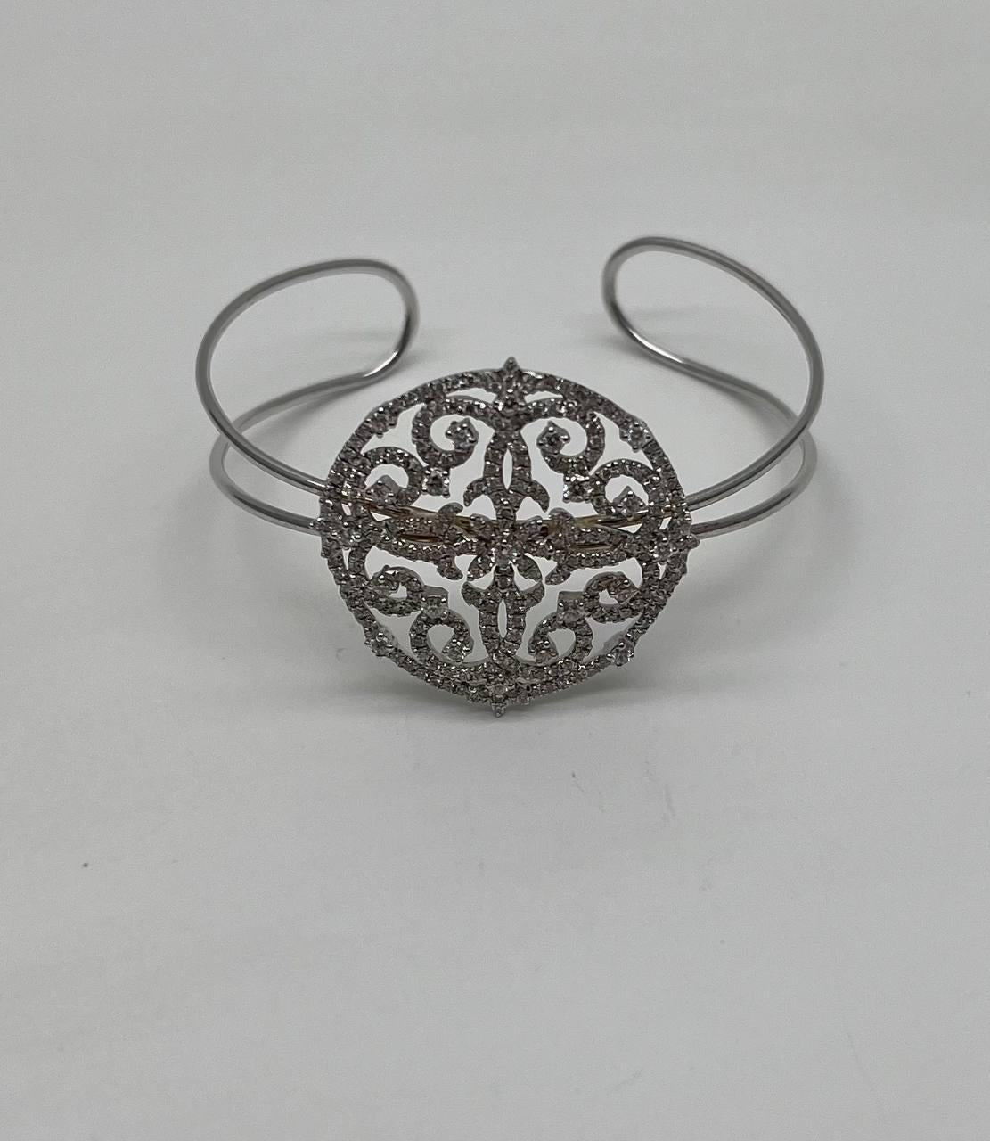 Diamonds Scroll Symbol Motifs Emblem 18K White Gold Statement Bangle Bracelet