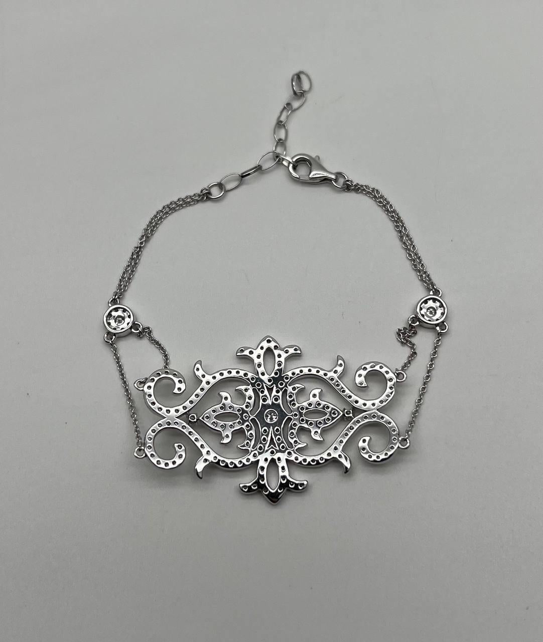 Diamonds Scroll Symbol Motifs Emblem 18K White Gold Statement Chain Bracelet