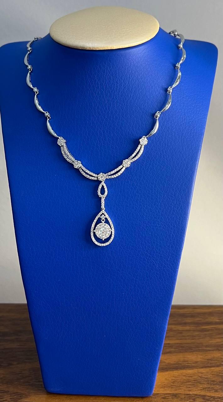 Princess Bib Style Diamond Statement 18K White Gold Pendant Lariat Necklace