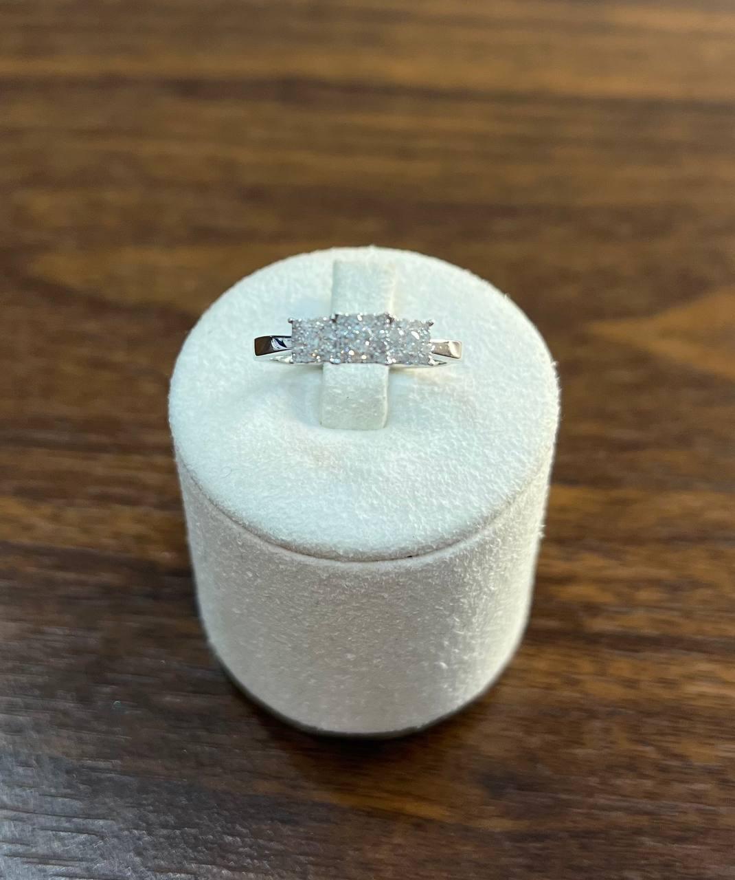 Diamonds Pave Set Square Cluster Halo 14K White Gold Statement Three Stone Ring