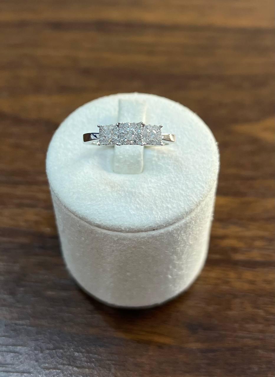 Diamonds Pave Set Square Cluster Halo 14K White Gold Statement Three Stone Ring