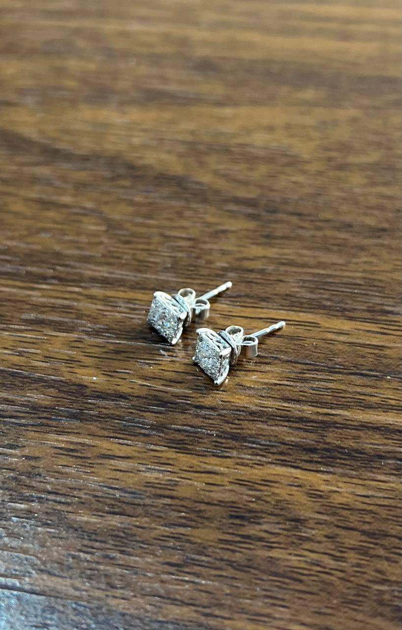 Diamond Square Shape Cluster Pave Set Halo Set 14K White Gold Stud Earrings