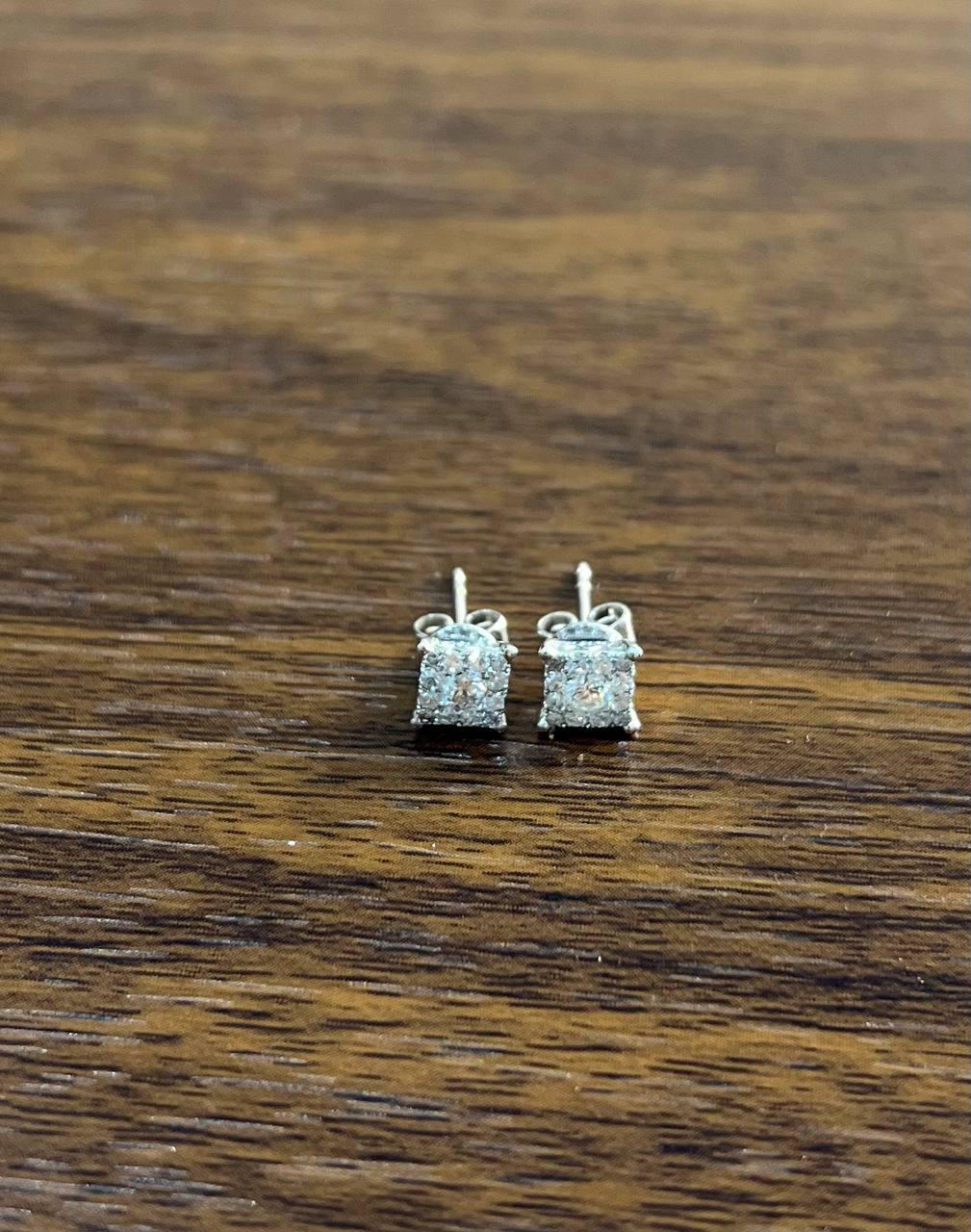Diamond Square Shape Cluster Pave Set Halo Set 14K White Gold Stud Earrings