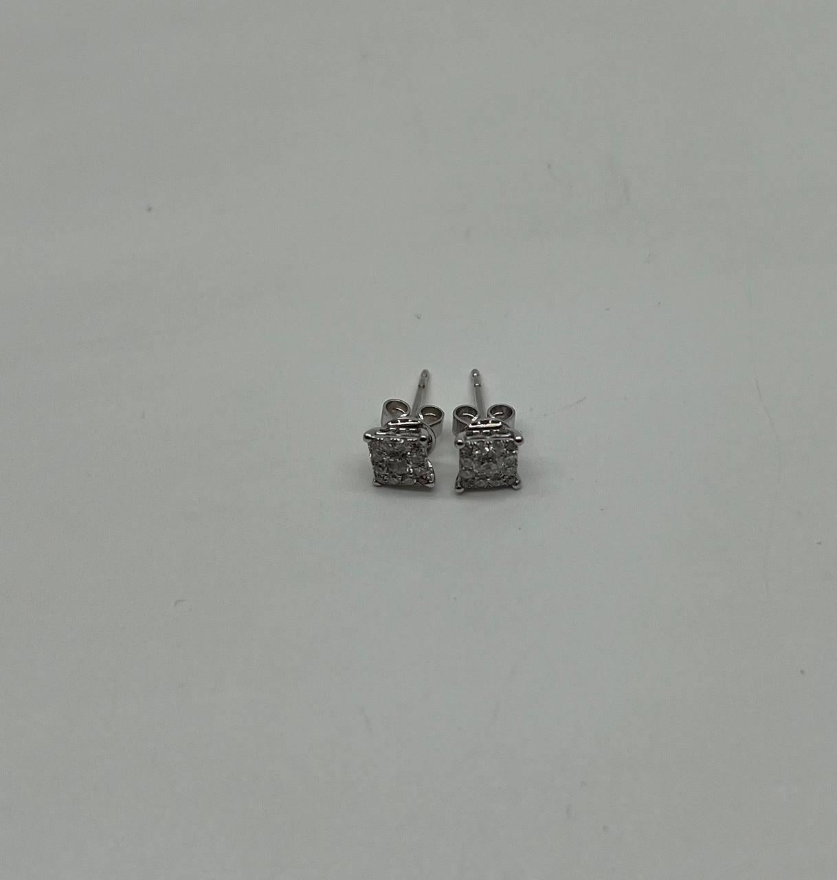 Diamond Square Shape Cluster Pave Set Halo Set 14K White Gold Stud Earrings