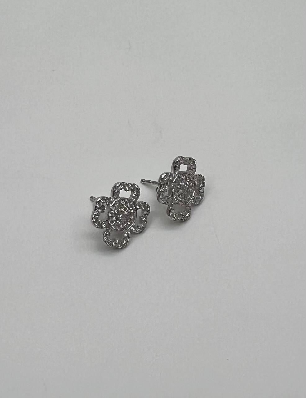 Diamond Pave Set Lucky Clover Charm Halo 18K White Gold Stud Statement Earrings